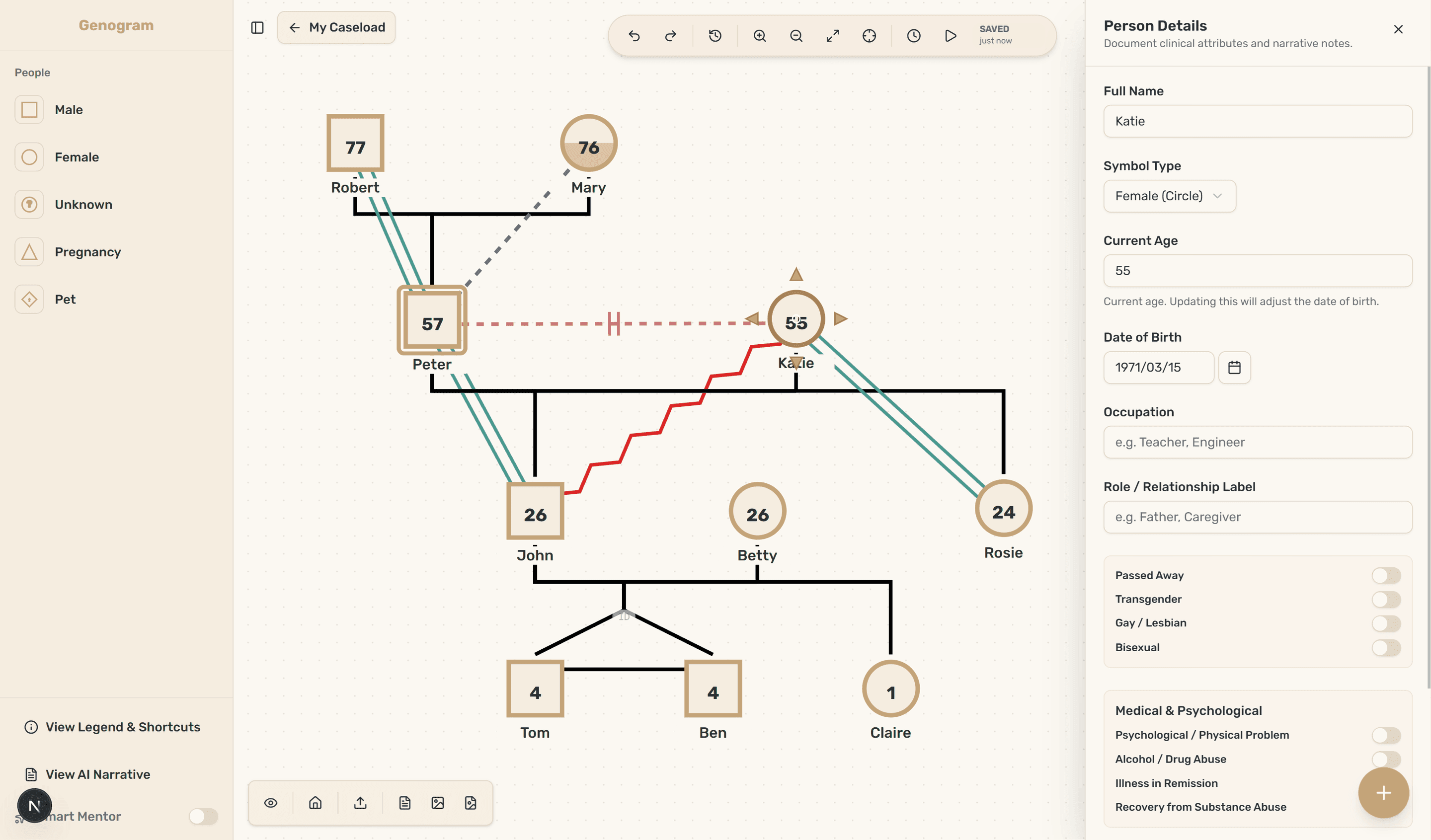 Genos genogram builder showing a family map with clinical symbols, relationship lines, and person details panel